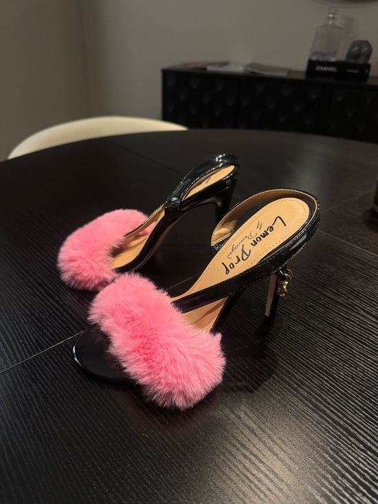 Dolls Kill Shoes - Dolls Kill Black Patent Slide Heels with Pink Fur- Never worn
